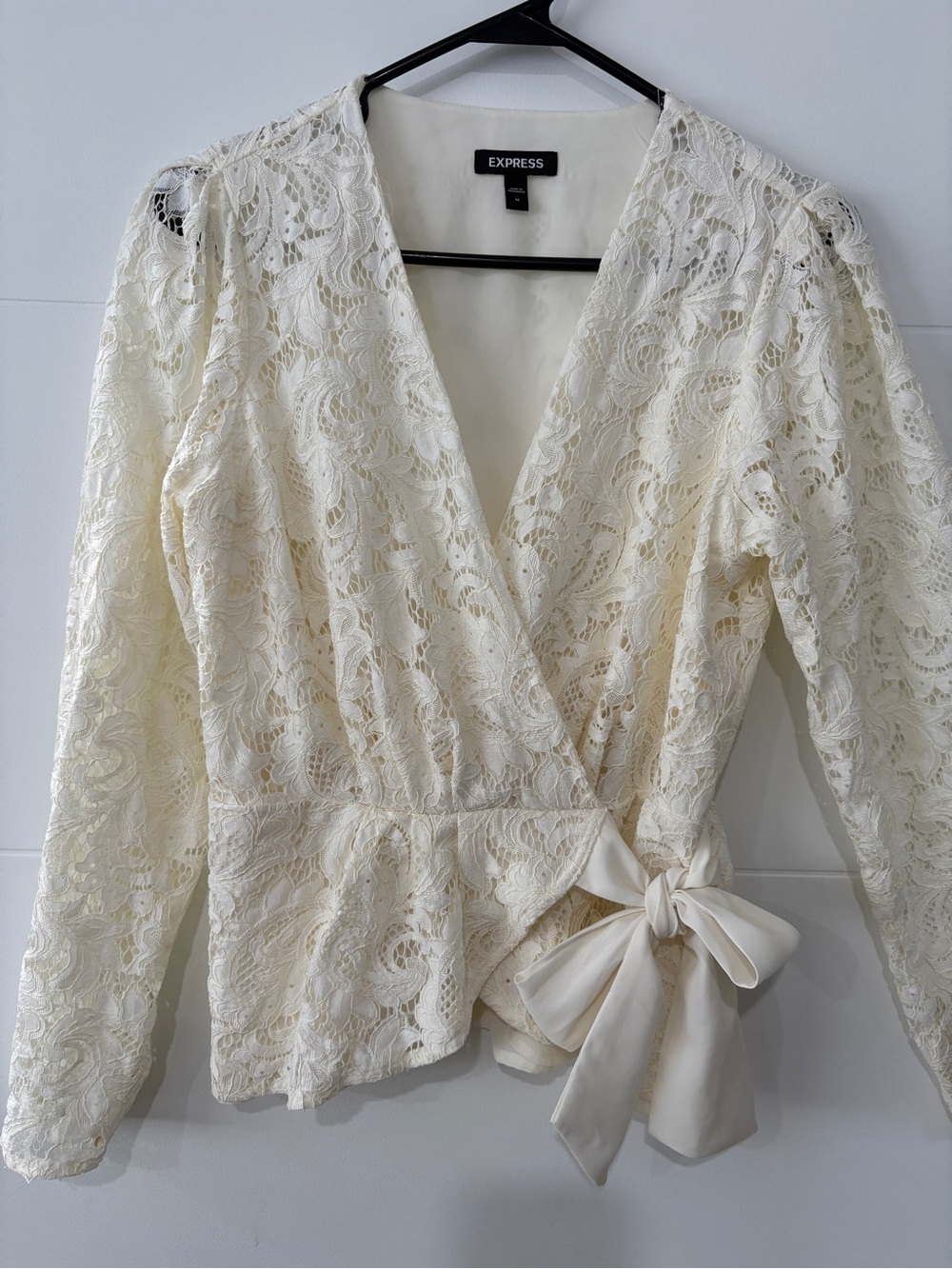 Express Cream Lace Wrap Blouse with Bow